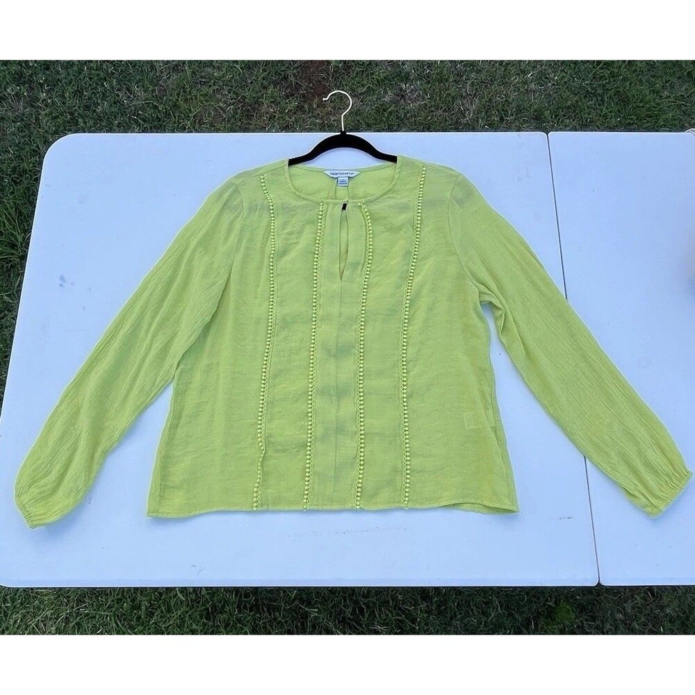 COUNTERPARTS LIME GREEN SIZE LARGE LONG SLEEVE BLOUSE with POM POM TRIM DETAILS - Picture 2 of 10